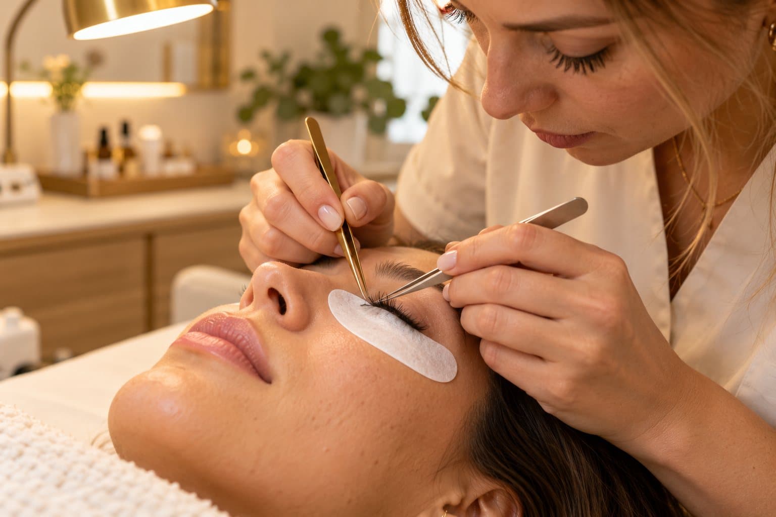 Lash-Stylistin setzt mit der Pinzette Wimpernextensions