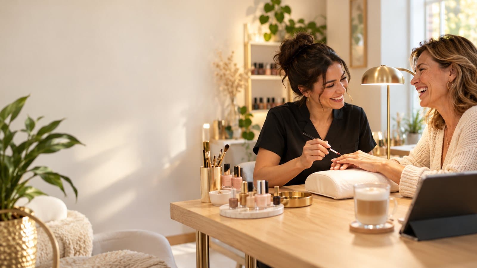 Nail-Designerin und Kundin lachen gemeinsam am Nageltisch