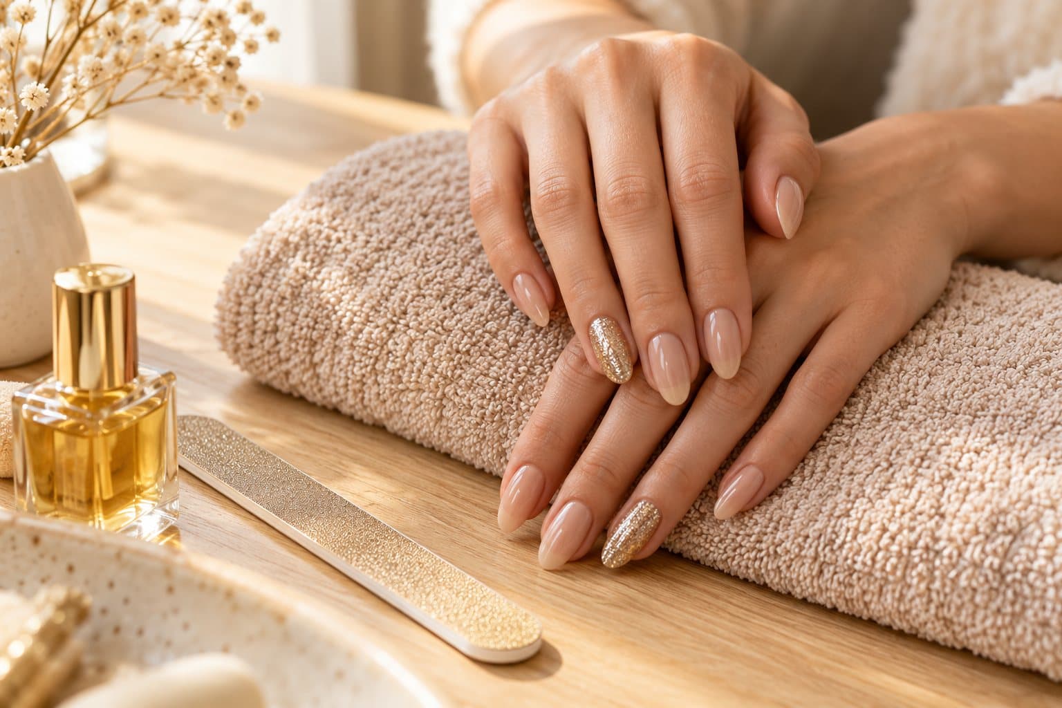 Frisch gemachte Mandel-Nägel in Nude mit goldenem Glitzer